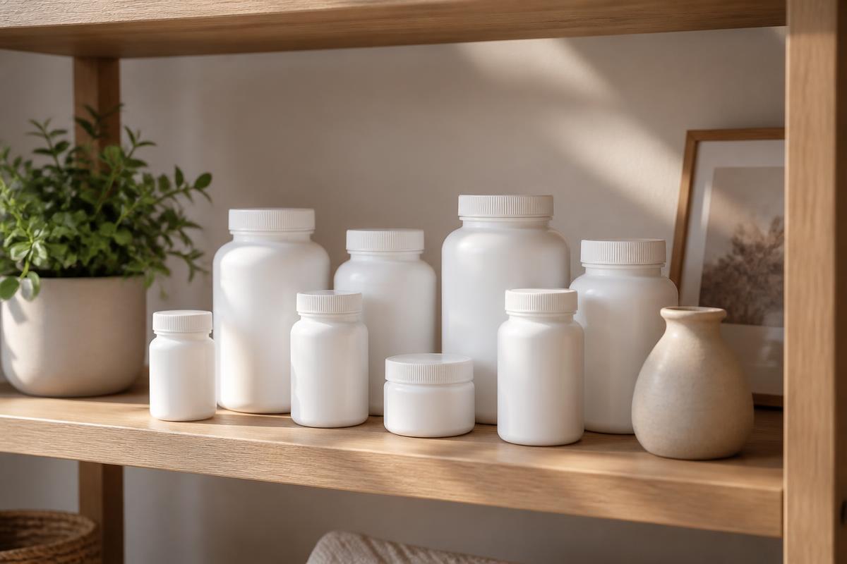 Supplement bottles on a warm wooden shelf